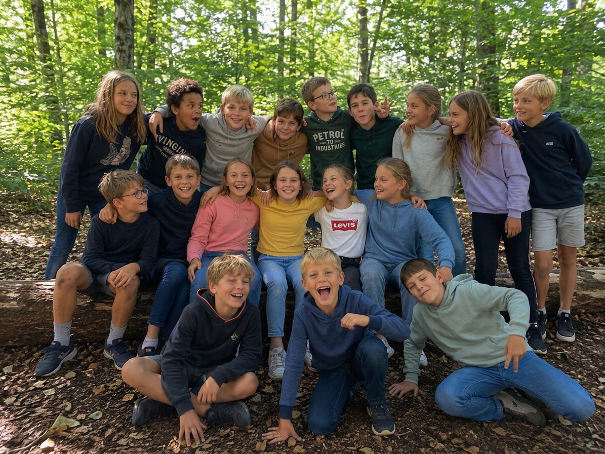 Klasfoto van leerlingen in het bos tijdens Avonturentocht
